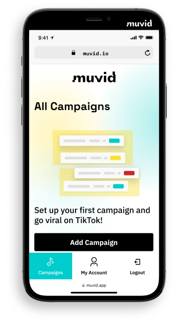 HARNESS TIKTOK'S POWER WITH MUVID | Easily engage numerous content creators worldwide to turn your song into the background of viral TikTok videos. Start your campaign with a few clicks and let muvid help your tune skyrocket! | muvid
